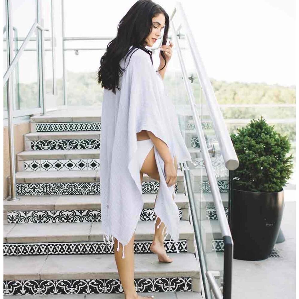 Mersea The Beach Wrap Womens One Size White Grey Stripes Fringed Cover up Layer